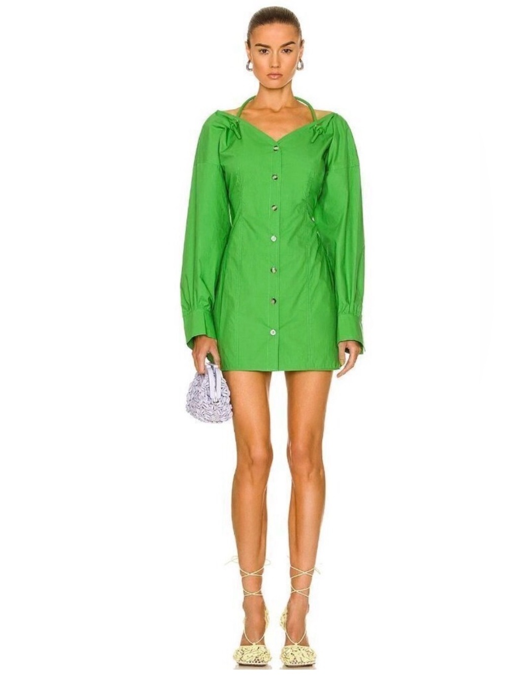 Nanushka Alyssa Poplin Mini Dress Long Sleeve Kelly Lime Green medium